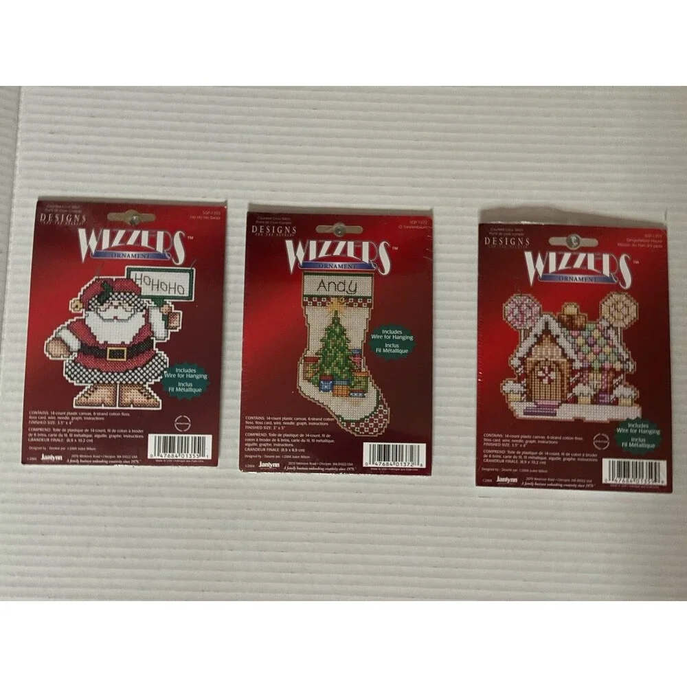 Wizzers Cross Stitch Ornament Kits Lot Of 3 Gingerbread Stocking Santa